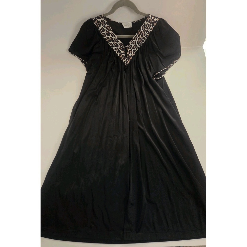 Vtg Vanity Fair Button Robe Nightgown Black Nylon House Coat Animal Print Trim M